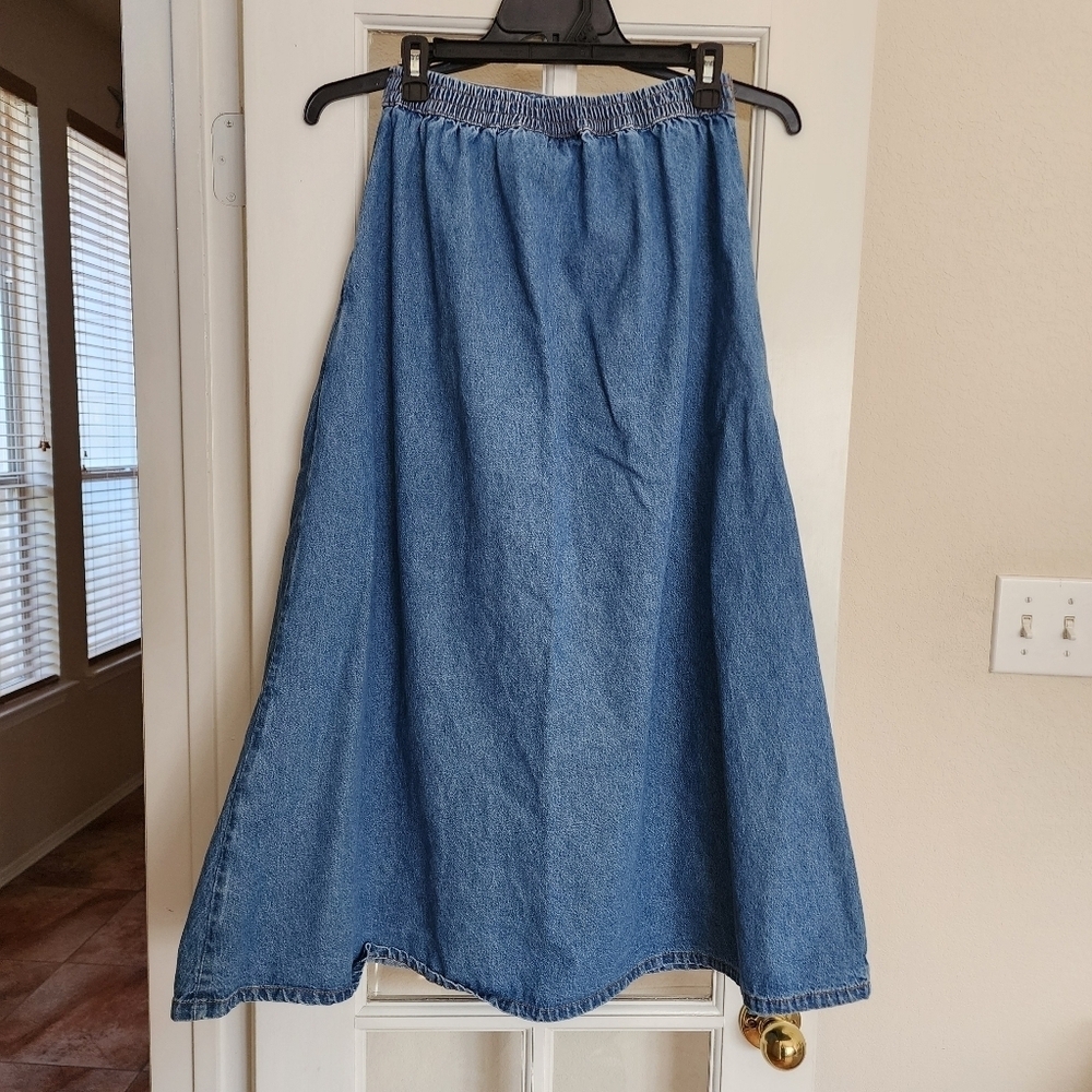 Studio West Vintage 100% Cotton Button-Front Midi Denim Skirt Elastic Back Small - Picture 3 of 11